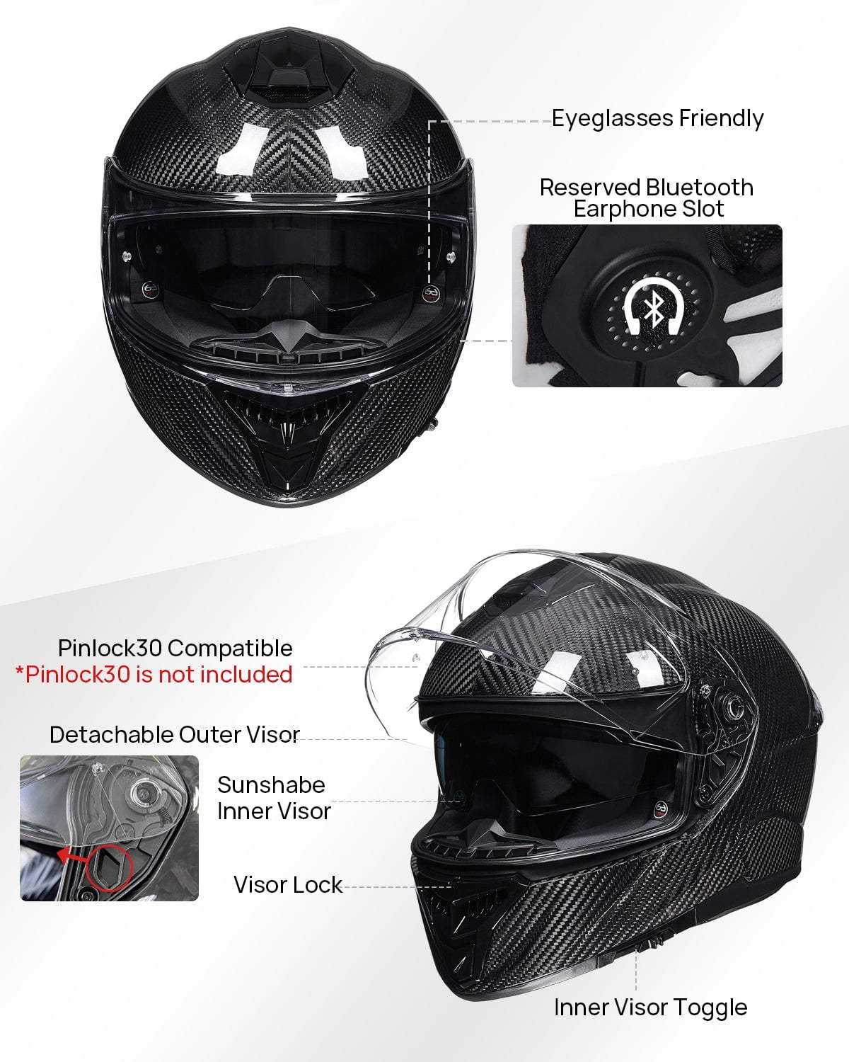 ILM Motorcycle Full Face Helmet 861C - Lightweight, Carbon Fiber, Dual Visor - DOT Certified (Carbon Black, XL)