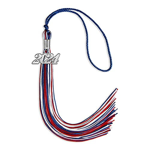 Graduation Tassel with Year Date Charm Red/White/Royal Blue Solid and Multi Color