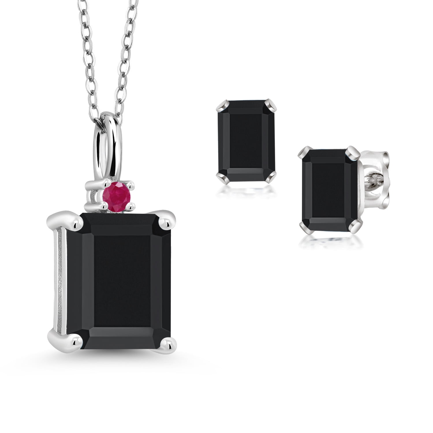 Gem Stone King 925 Sterling Silver Black Onyx and Red Ruby Pendant and Earrings Jewelry Set for Women (4.29 Cttw, Gemstone December Birthstone, Emerald Cut 10X8MM and 6X4MM, with 18 inch Chain)