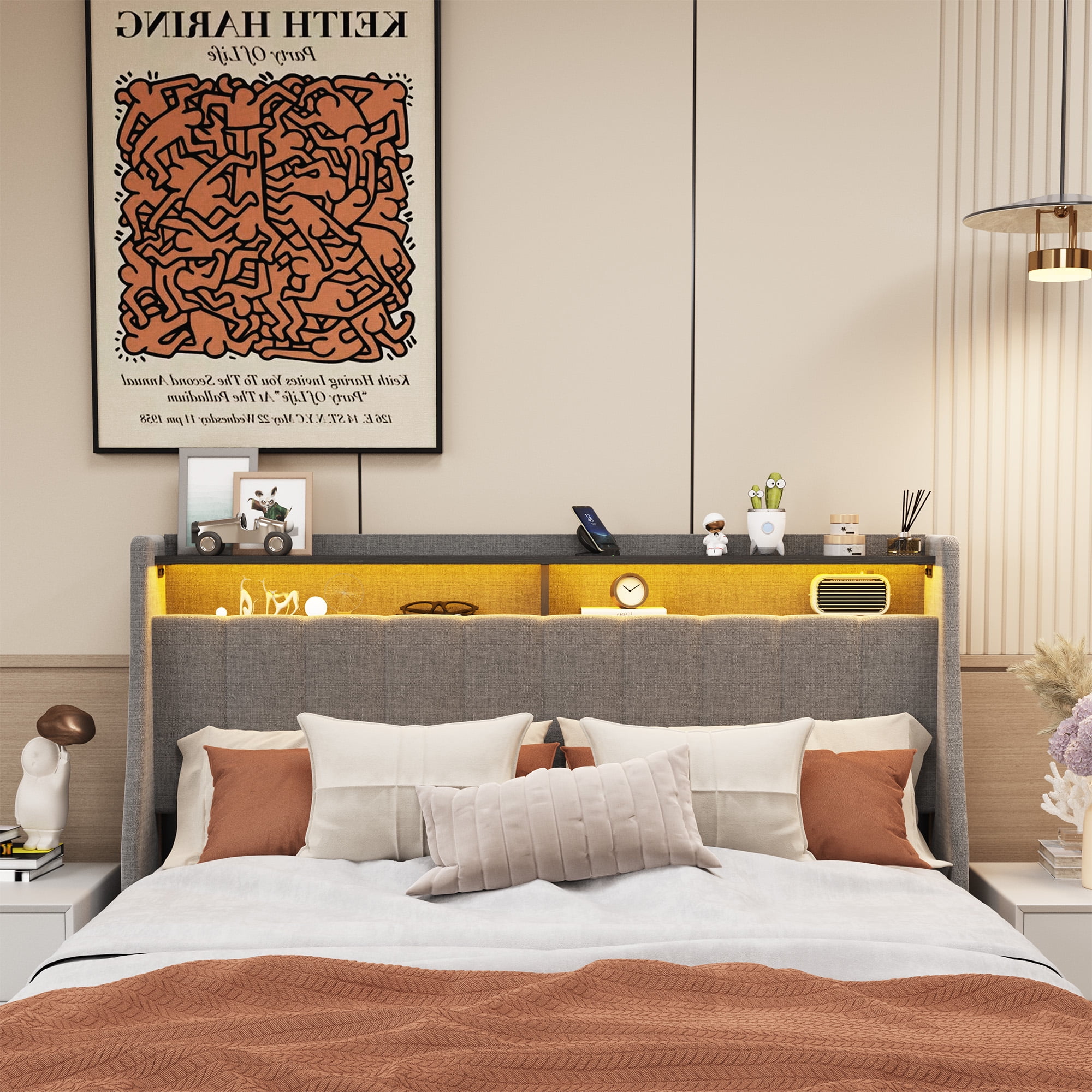 Euroco Queen Size Platform Bed with LED Light, Modern Storage Bed with 4 Drawers, Light Grey