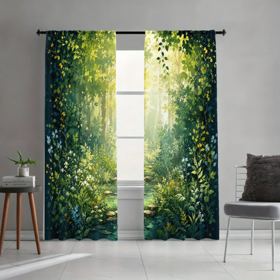 WNOOHIY Rod Pocket Light Filtering Curtains, Forest Path Wildflower Greenery Watercolor Scenery Pattern, 42"x84", 2Pcs