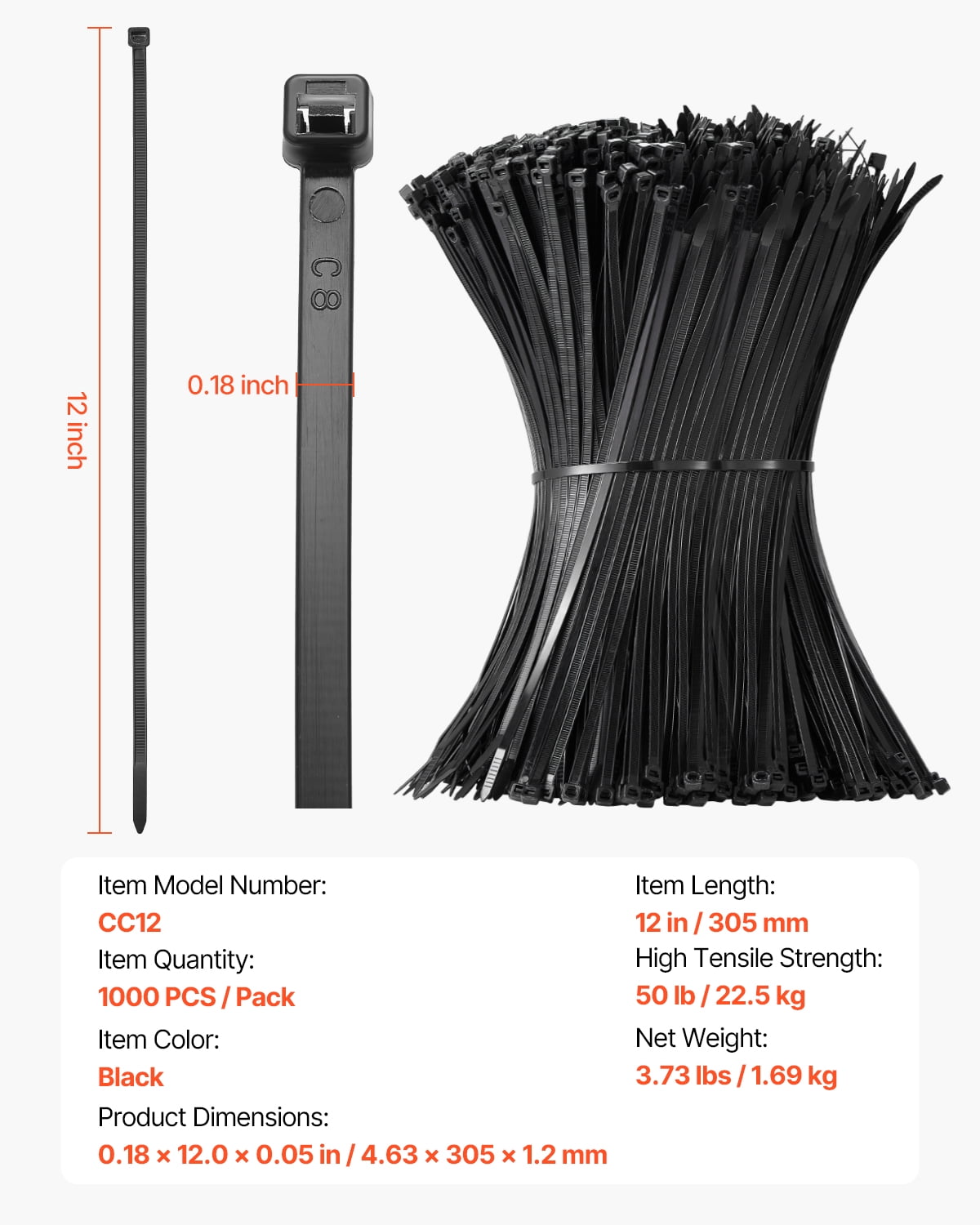 VEVOR 1000 Pack Cable Zip Ties, 12-inch Heavy Duty Cable Wire Ties with 50LBS High Tensile Strength, Multi-Purpose Self-Locking Nylon Tie Wraps, Heat & Cold Resistant for Indoor and Outdoor Use