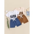 thumbnail image 4 of Toddler Boys Summer Outfits Fuzzy Letter Embroidered Short Sleeve T-Shirts Tops Elastic Waist Shorts 2Pcs Clothes Set, 4 of 10