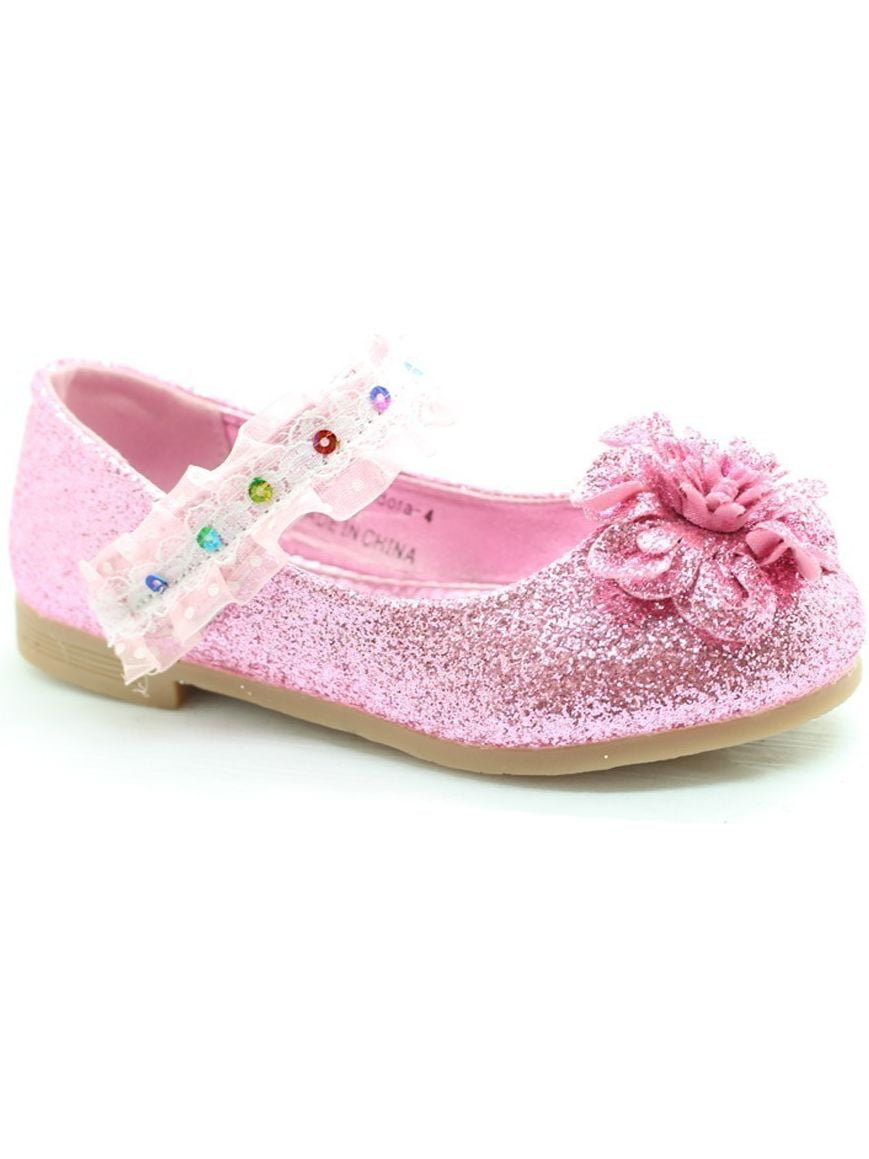 Little Girls Pink Glitter Lace Sequin Trim Flower Dress Shoes - Walmart.com