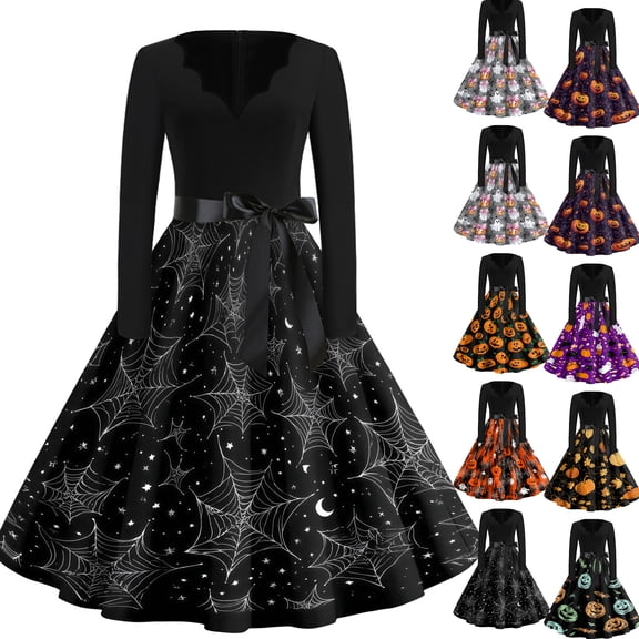 Women's Halloween Dress Skeleton Ghost Long Sleeve Hepburn Cocktail Vintage Dress V Neck 1950s Cute Classic Dresses with Belt M