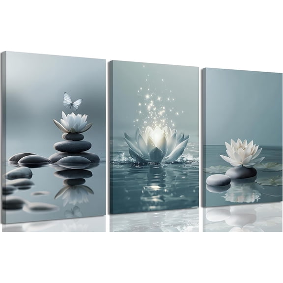 Zen Stones Lotus Spa Canvas Wall Art White Lotus Blooming on Stones Painting Picture Wall Decor Modern Spiritual Poster Print Artwork for Yoga Meditation Spiritual Room Bathroom Home Decoration
