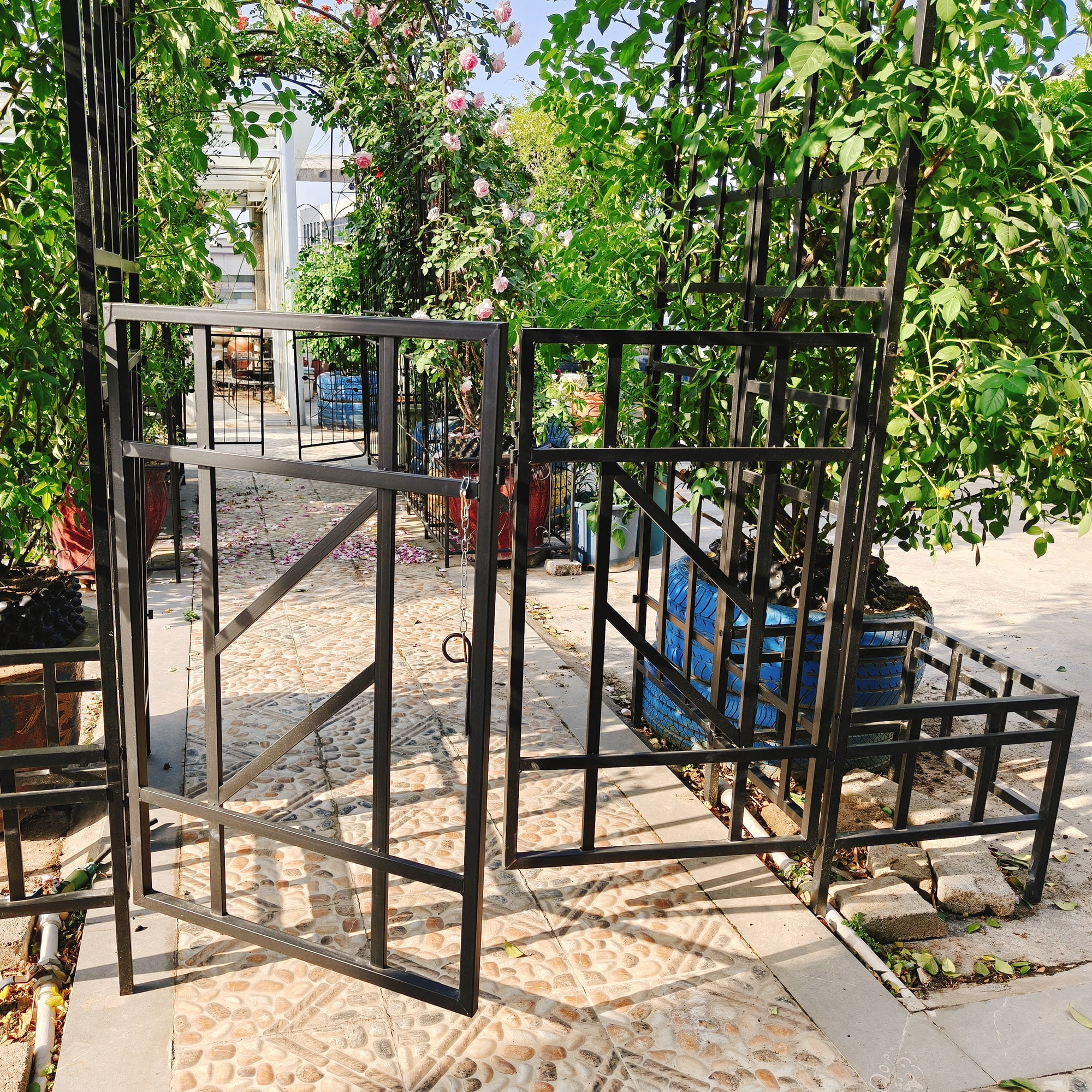 Yoneston 97.24" H Metal Garden Arbor with Gate and Planter, Garden Arch for Climbing Plants Support Rose Arch for Outdoor, Black