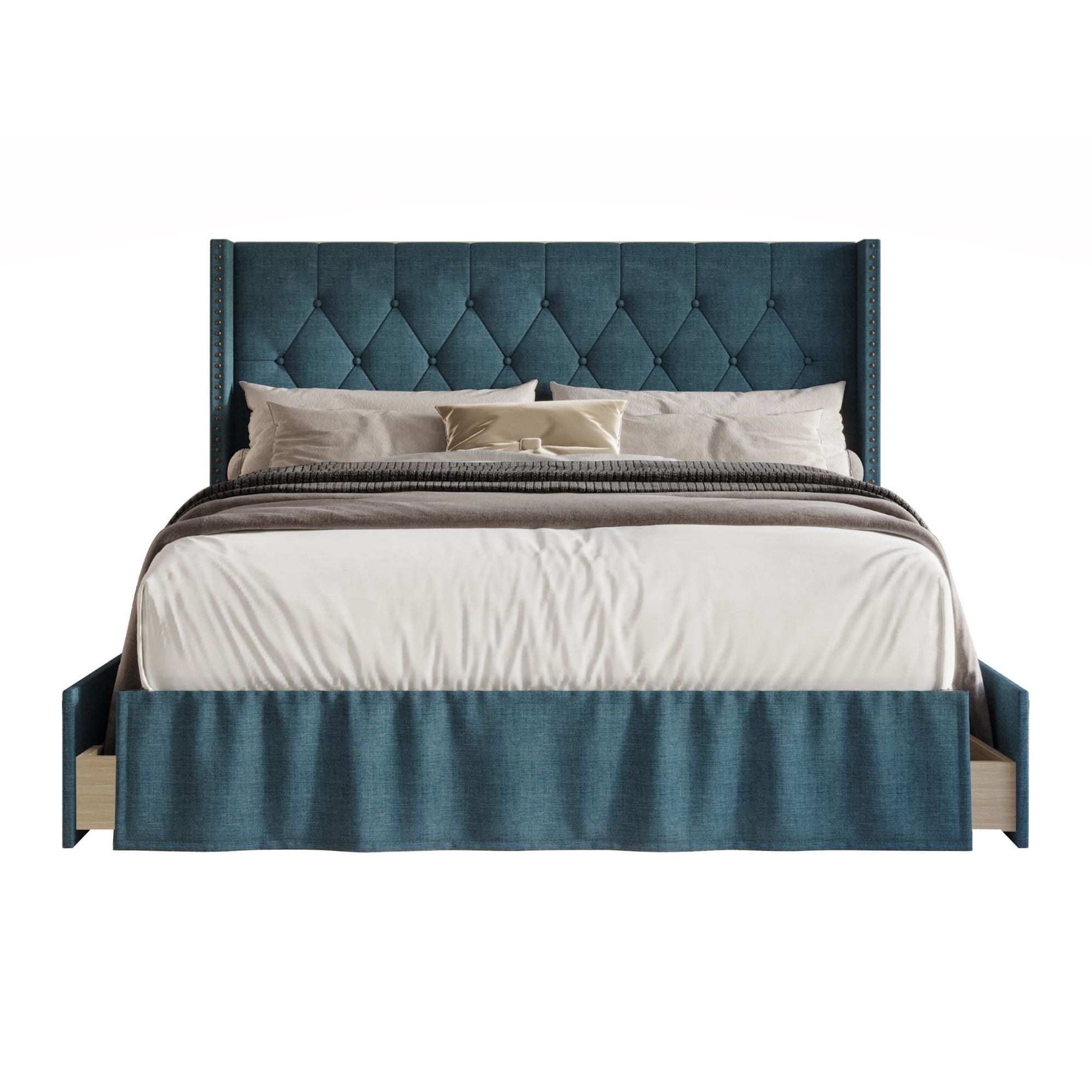 Home Design Andrea Full Upholstered Storage Panel Bed Frame, Button Tufted Linen Wingback Headboard, Denim Blue – Modern Adult Bedroom Furniture