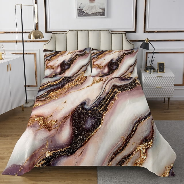 Pink Marble Quilt Set For Girls Adults Bronzing Stone Pattern Bedspread Set King Size Gold Glitter Marbling Coverlet Set Modern Abstract Art Bed Set