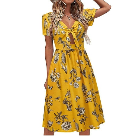 

Aligament Women Short Sleeve Print V-neck Bow Knot Bandage Summer Party Dress Short Maxi Dresses for Women Black Pajama Top Women Yellow S