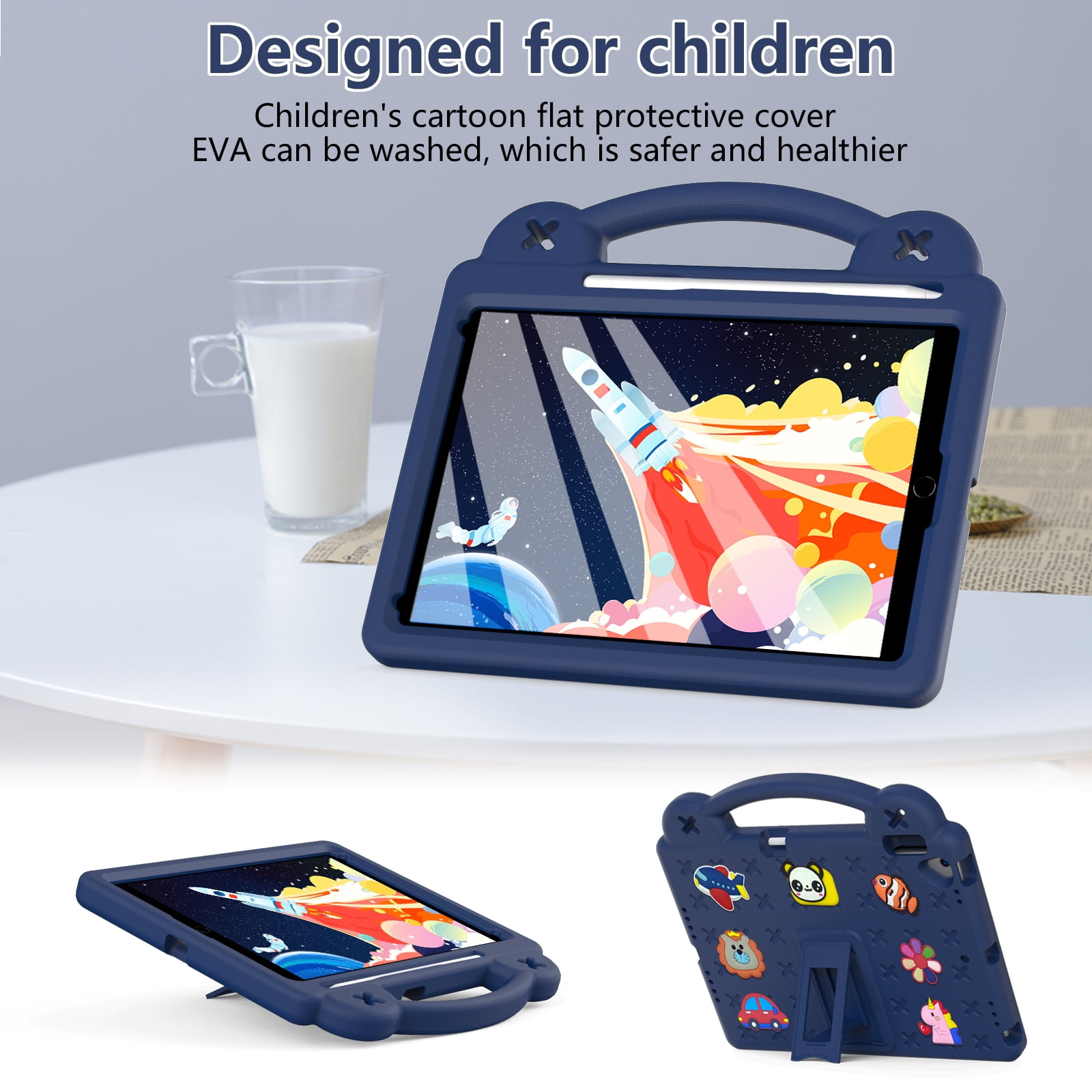 ELEHOLD Kids Case for iPad 9th/8th/7th Gen (2021/2020/2019)10.2 inch, EVA Foam Cute Cartoon Case with Built-in Kickstand Pencil Holder Shockproof Portable Case for iPad 10.2",Navyblue