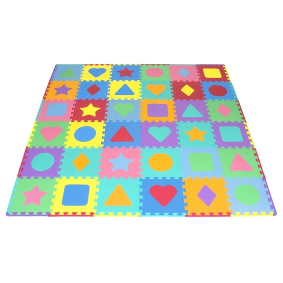 ProSource - Tapete de espuma para niños con formas y colores, 36 azulejos, 12 x 12 pulgadas y 24 bordes