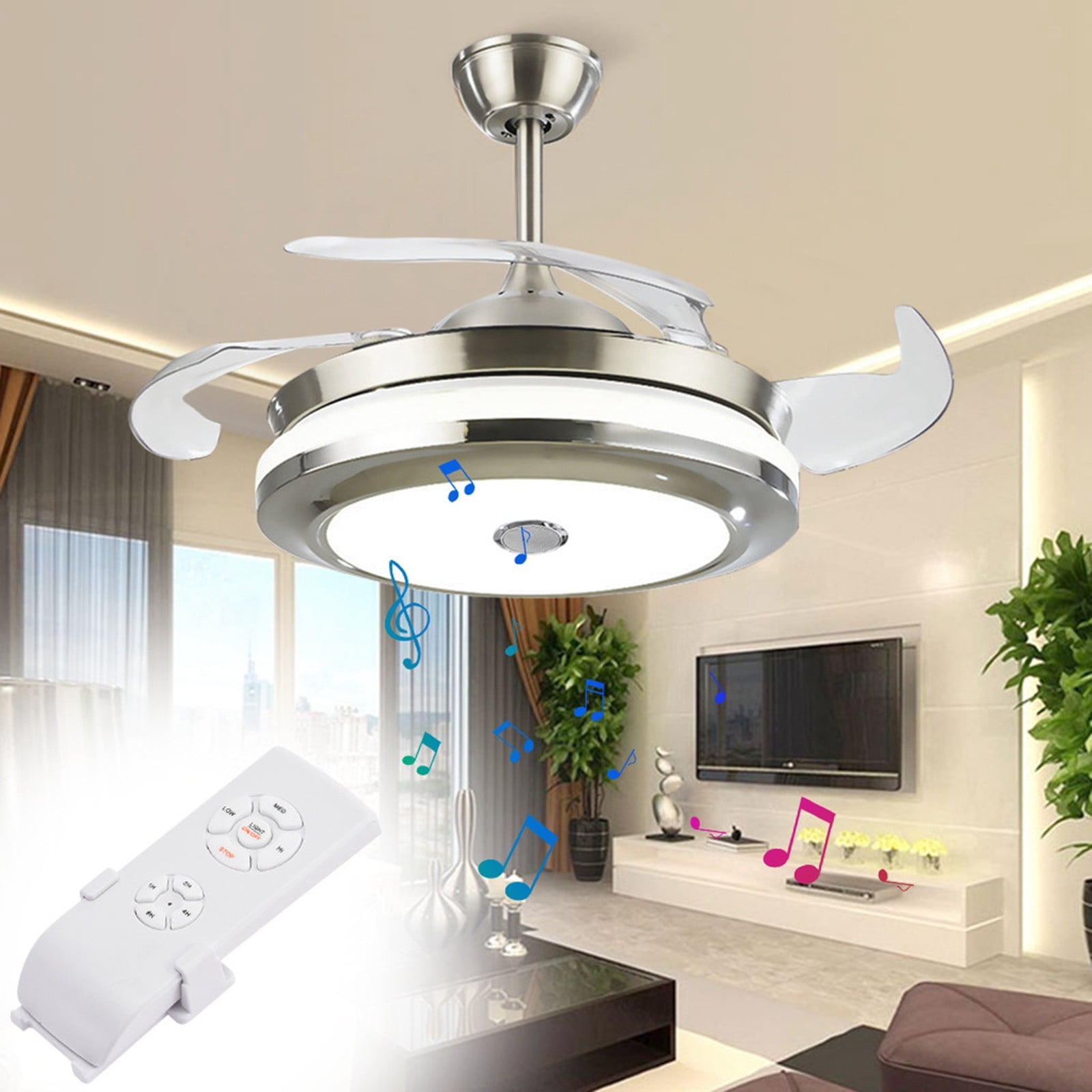 42" Remote Control Ceiling Fan Chandelier Lights  Bluetooth Speaker Retractable 
