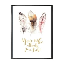 Designart 'Your Vibe Attracts Your Tribe Ethnic Feathers I' Bohemian & Eclectic Framed Canvas Wall Art Print