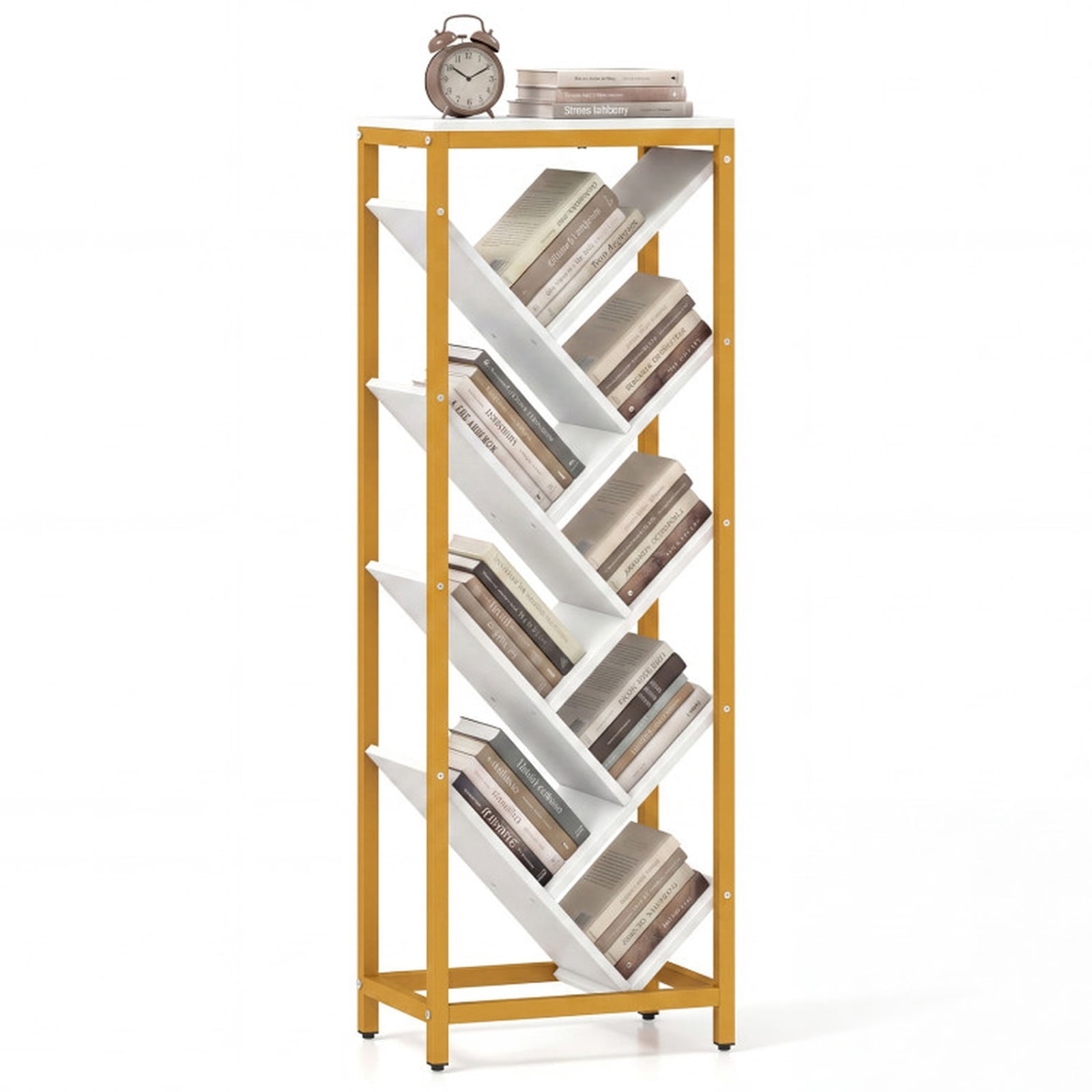 Furnibear 9-Tier Freestanding Tree Bookcase Tall Wood Bookshelf with Staggered Open Shelves and Sturdy Metal Frame for Books, White