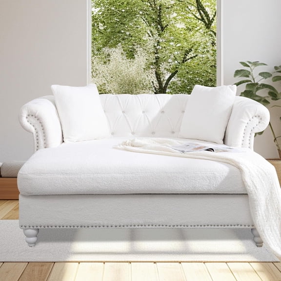 63" Chesterfield Double Chaise Sofa – Velvet Indoor Chaise Lounge Chair with 2 Pillows, Rolled Arm Oversized Loveseat Sofa, White