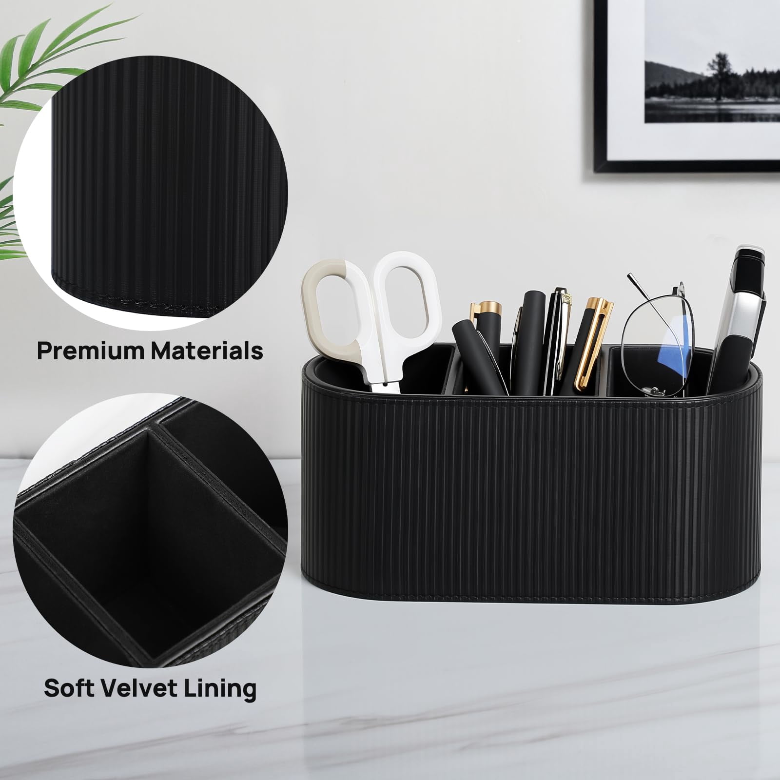 Black PU Leather Desktop Organizer with 3 Compartments for Home Office Supplies and Remote Controls