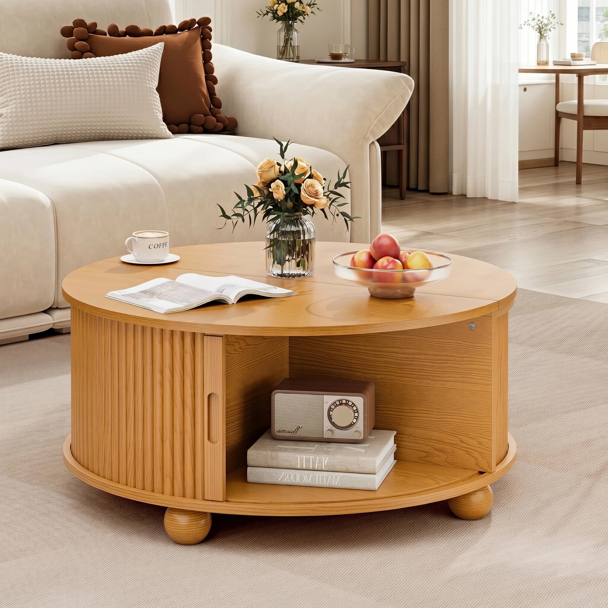 AISWORD 31.5" Fluted Round Coffee Table with Storage, Mid Century Modern Lift Top Drum Accent Table for Living Room Small Space, Yellow