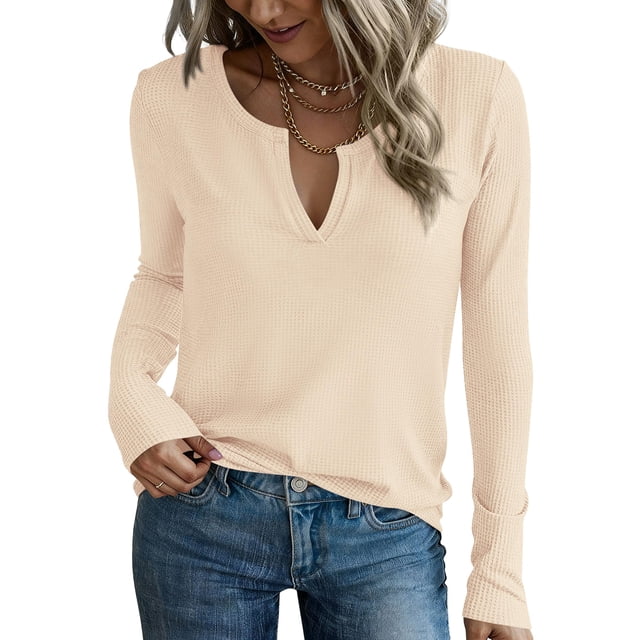 Remera PRETTYGARDEN de Manga Larga con Cuello en V y Tejido Waffle Beige Talle M