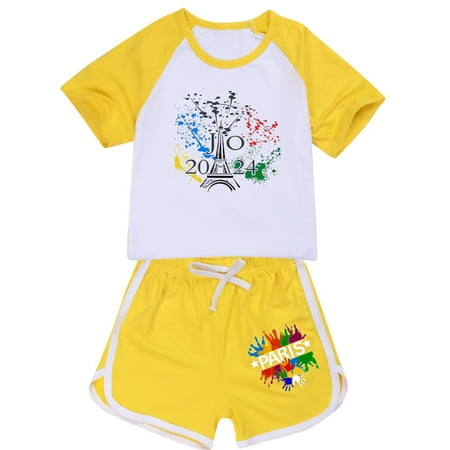 

TJAZFJPA Airport Outfit Boys and Girls French Tower Tourism Commemorative Print Color Block Sleeves T Shirt Shorts Casual Clothing Set 1 Baby Girl Outfit Sets Fall Baby Halloween Costumes Newborn