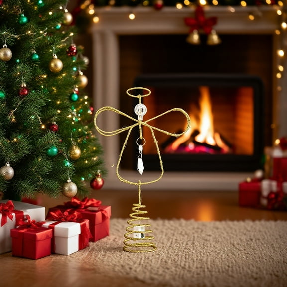 Lighted Christmas Tree Topper Angel , 10 Inch Pre-Lit Gold Metal Small Angel Tree Topper with Lights for Christmas Tree Decoration Indoor, Battery Operated, Valentines Gifts