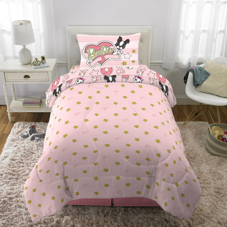 Barbie 5 Piece Bed in a Bag Twin with Comforter Flat Sheet Fitted Sheet Pillowcase Decorative Pillow