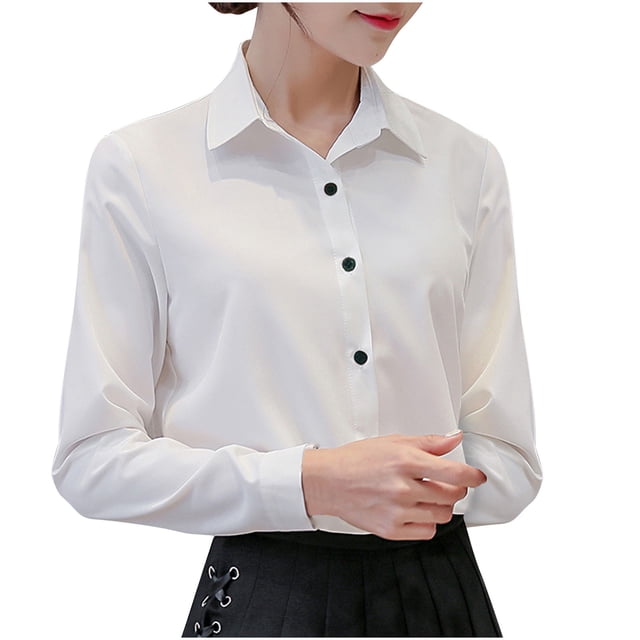 AherBiu Womens Button down Shirts Long Sleeve Dressy Casual Blouses Business Work V Neck Solid Color Tops