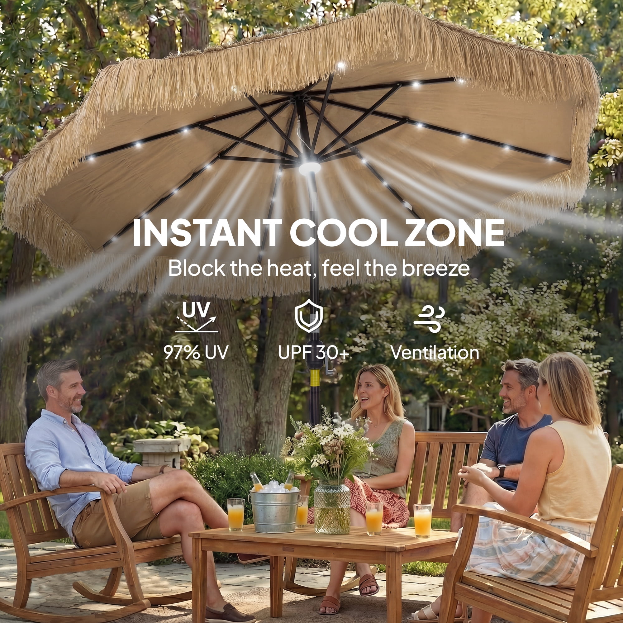 Outsunny 9 ft Hula Thatched Tiki Patio Umbrella with LED Solar Light, Tropical Hawaiian Style Outdoor Umbrella with Crank, Tilt, UPF30+, Khaki