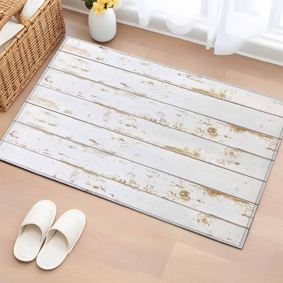 White Wooden Plank Entryway Rug 2'x3' Non Slip Front Door Mats, Country Vintage Farmhouse Wood Grain Entrance Rugs Indoor Outdoor Carpet, Washable Floor Mats Small Area Rug for Bedroom Kitchen
