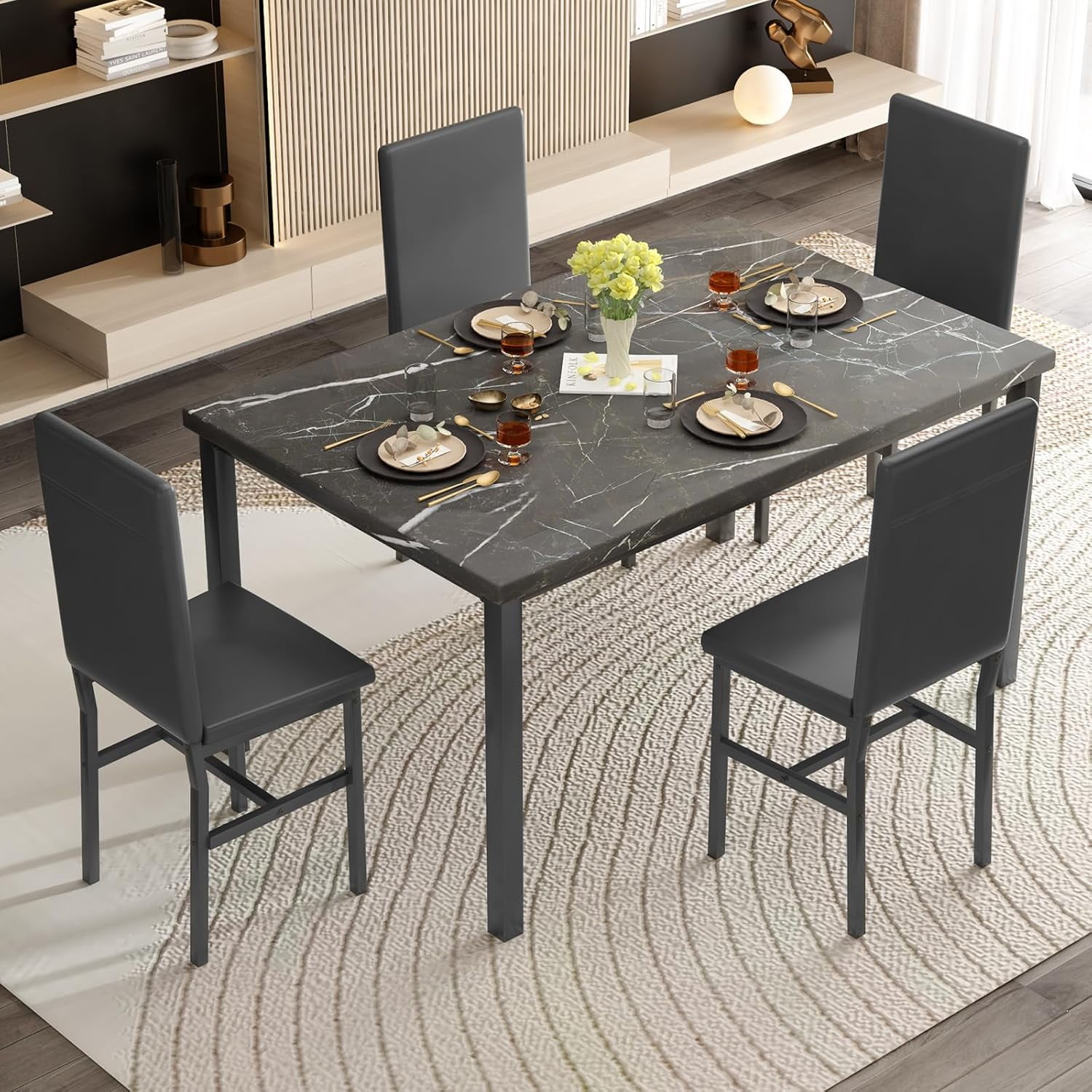 4-person dining table set, modern artificial marble dining table set, kitchen table and chair set of 4 pieces, with 4 PU leather chairs, suitable for small spaces, apartments, restaurants, black