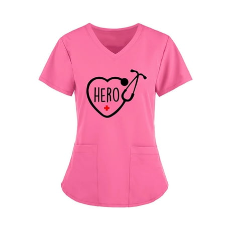 

muxika Women s Working Uniform with Two Pocket V Neck Scrub Top Hero Print Short Sleeve Shirt Irregular for Valentine s Day