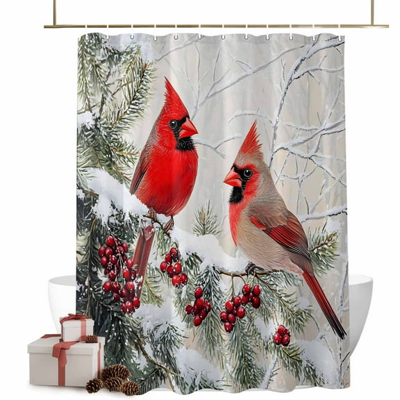 Shower Curtain 36"W x 78"L Winter Christmas Cardinal Red Berry Branches Fabric Shower Curtains Set with Hooks Water Repellent Bathroom Curtains Machine Washable Bathroom Accessories