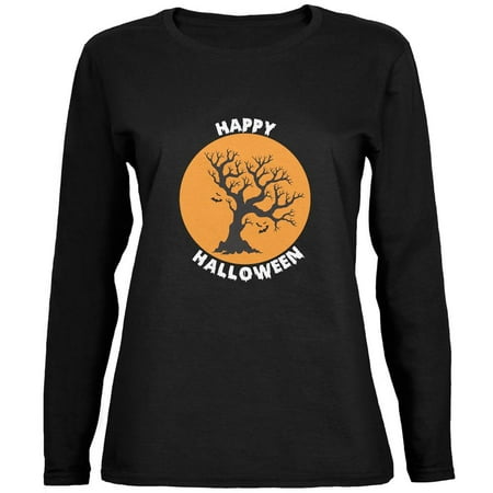 Happy Halloween Tree Silhouette Black Womens Long Sleeve T-Shirt