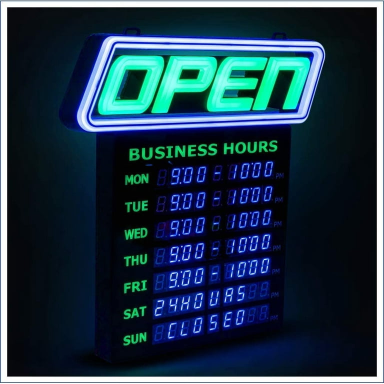 LED Open Sign with Business Hours, 1000's Colors, Neon Flash