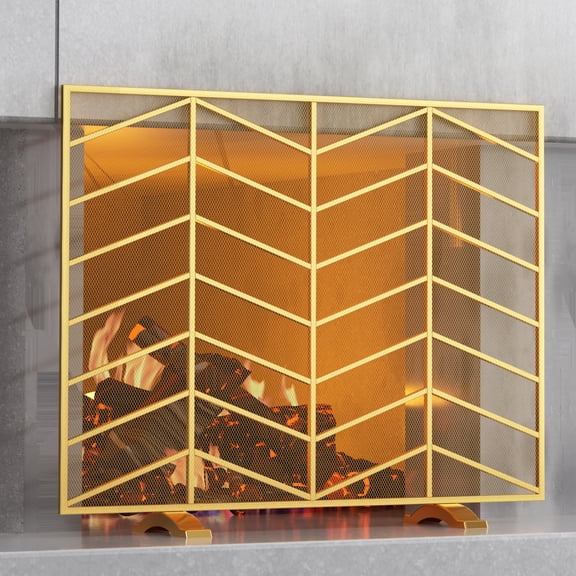 Fire Beauty Single Panel Handcrafted Wrought Iron Mesh Chevron Fireplace Screen, Fire Spark Guard for Living Room, Bedroom Decor(Golden)