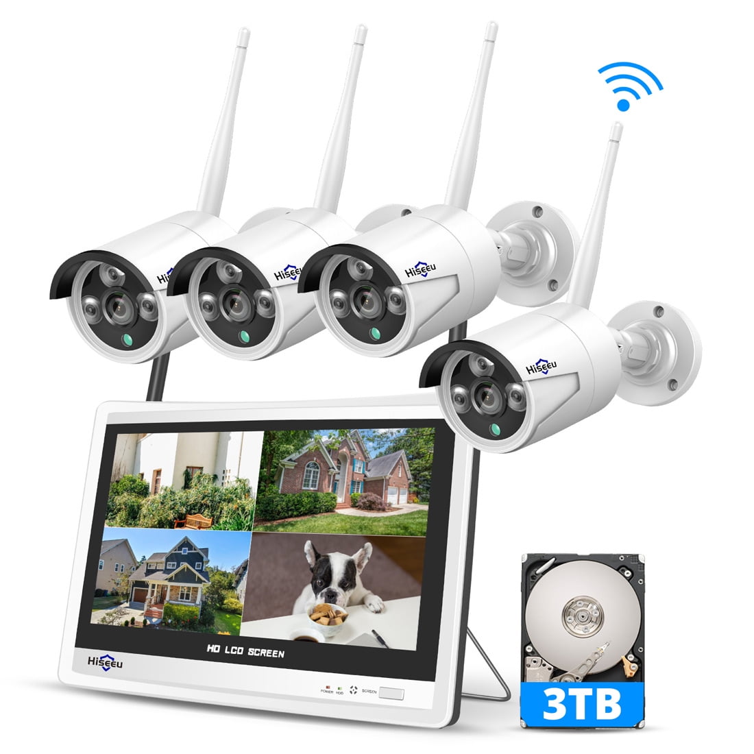 Aanleg beklimmen Afleiden Hiseeu 3MP Security Camera System with 12.1" Monitor, 3TB Hard Drive, 4Pcs  Security Cameras Wireless Wifi for Recording and Remote View, Home Security  Camera System - Walmart.com
