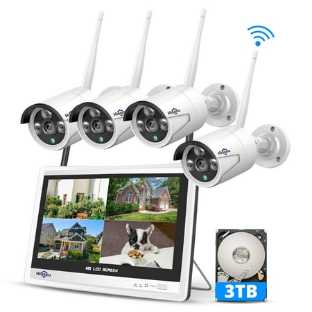 Hiseeu 3MP Security Camera System with 12.1" Monitor, 3TB Hard Drive, 4Pcs Security Cameras Wireless Wifi for Recording and Remote View, Home Security Camera System (Supports Only 2.4Ghz Wi-Fi)