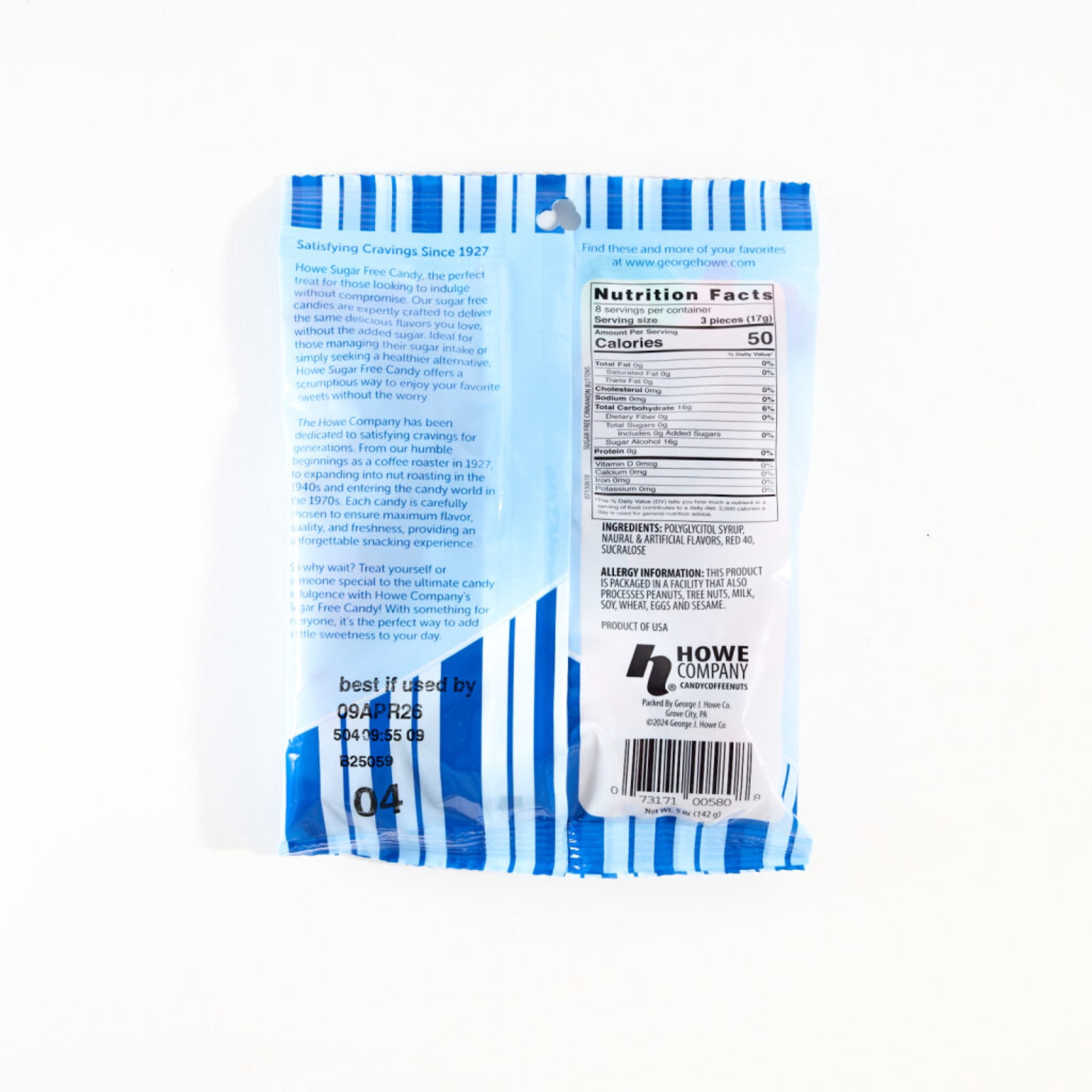 Howe Sugar Free Cinnamon Buttons Hard Candy, 5 oz, Bag