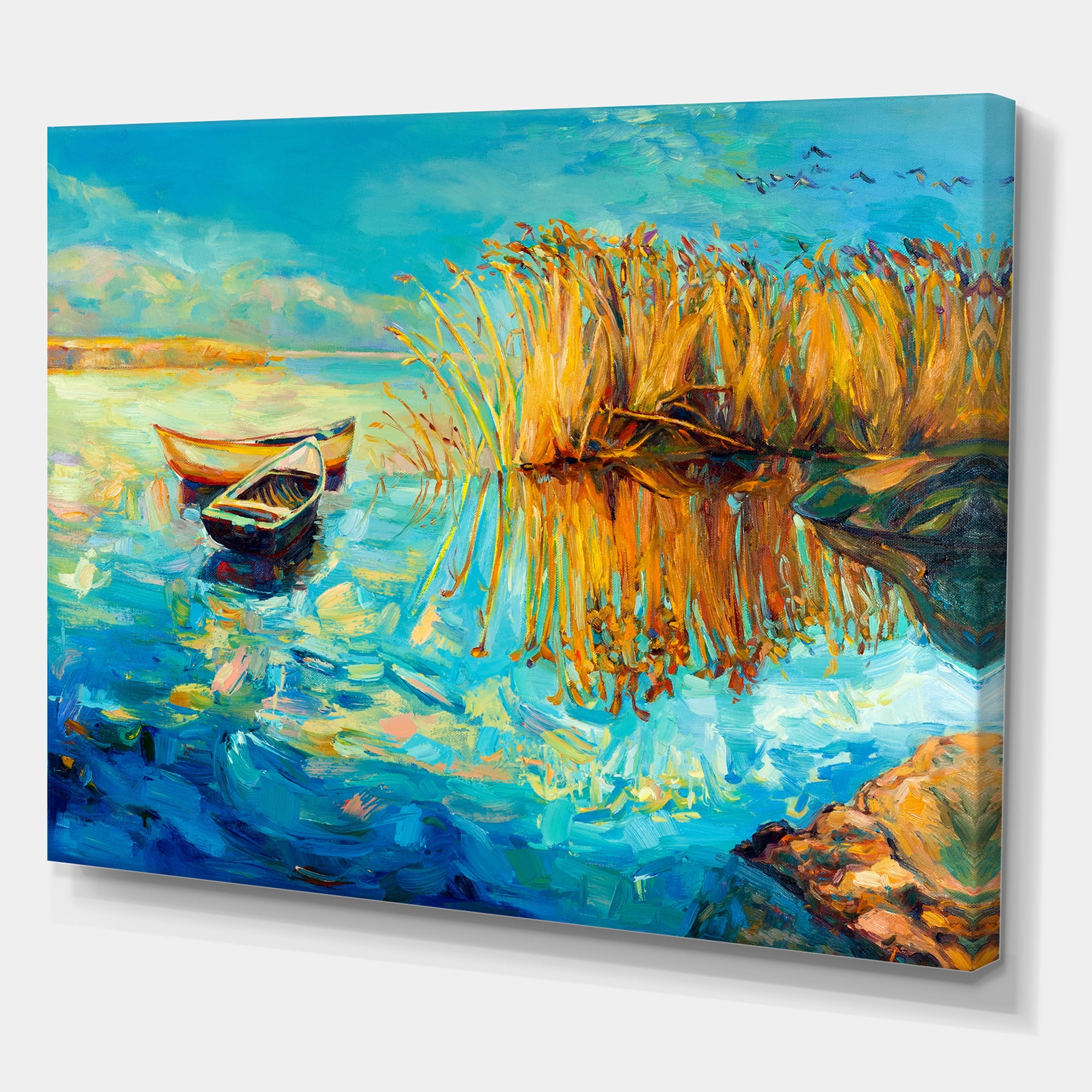 Designart ' Orange Trees With Turquoise Lake During Sunset ' Nautical & Coastal Canvas Wall Art Print