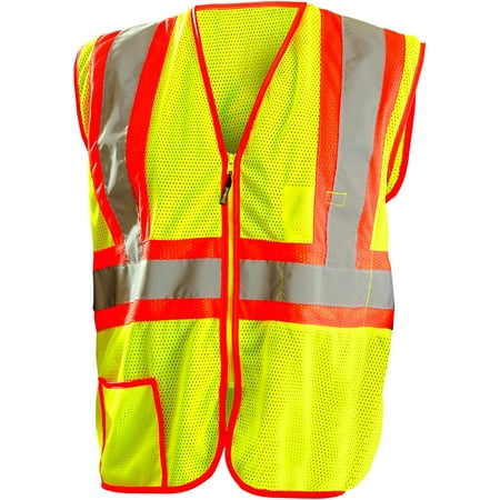 

OccuNomix 3X Hi-Viz Yellow Classic Light Weight Polyester Mesh Class 2 Two-Tone Vest With Front Zipper Closure And 2 Silver Reflective Tape Backed by Contrasting Trim And 2 Pockets