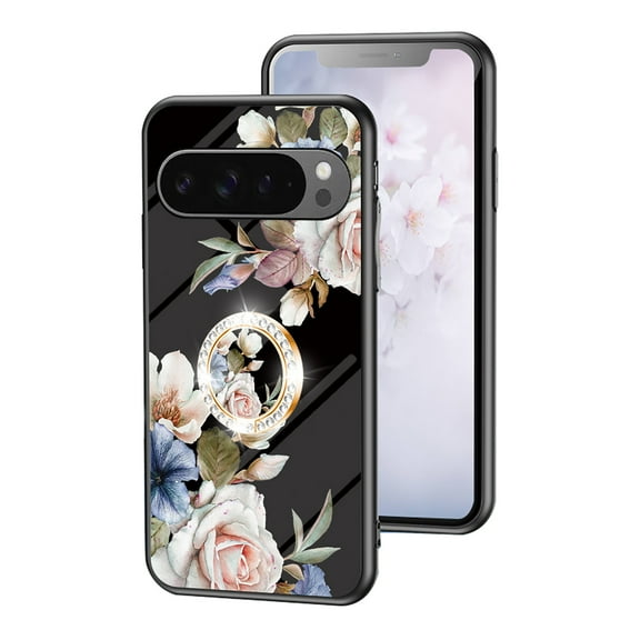Allytech Google Pixel 9A Case with Glitter Ring Holder, Flower Pattern Fashion Desing Protective Shockproof Anti-Scratch Slim Lightweight Case Cover for Google Pixel 9A - Black