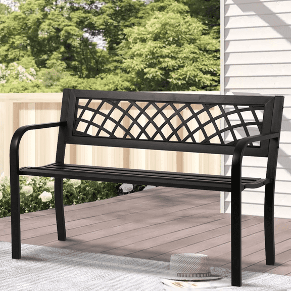 Dkelincs 45” Patio Garden Bench Outdoor Metal Bench 400 lbs Cast Iron Park Bench with Armrest, Black