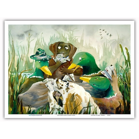 Five Card Stud - Hawaiian Ducks Hunting Dogs Playing Cards - From an Original Hawaii Watercolor Painting by Peggy Chun - Master Art Print (Unframed) 9in x 12in