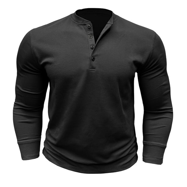 Camiseta de manga larga con botones y color liso para hombre, para otoño, mezcla de poliéster, cómoda e informal, varias tallas disponibles.