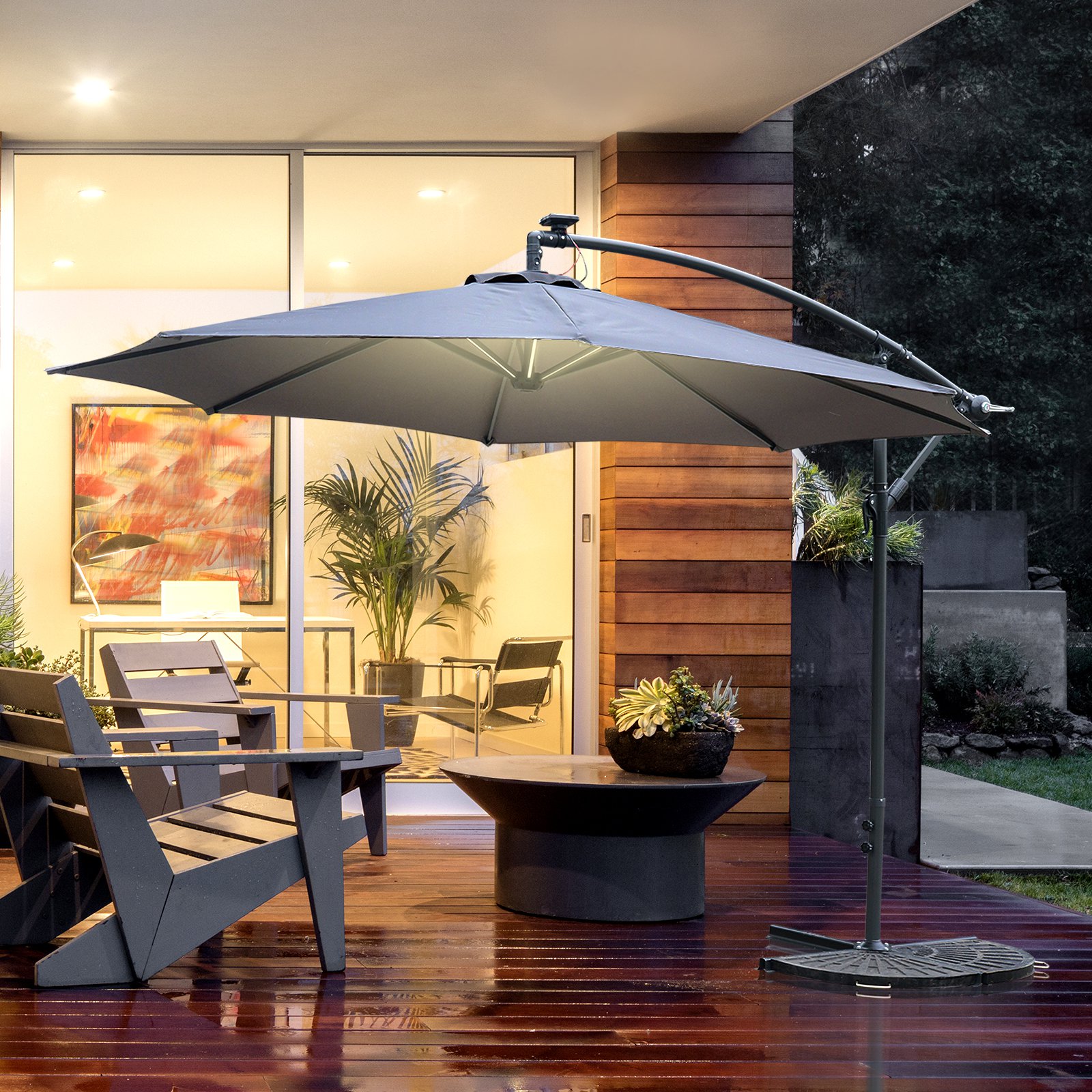 10ft Cantilever Solar Hanging Offset Umbrella LED Lights Market Parasol