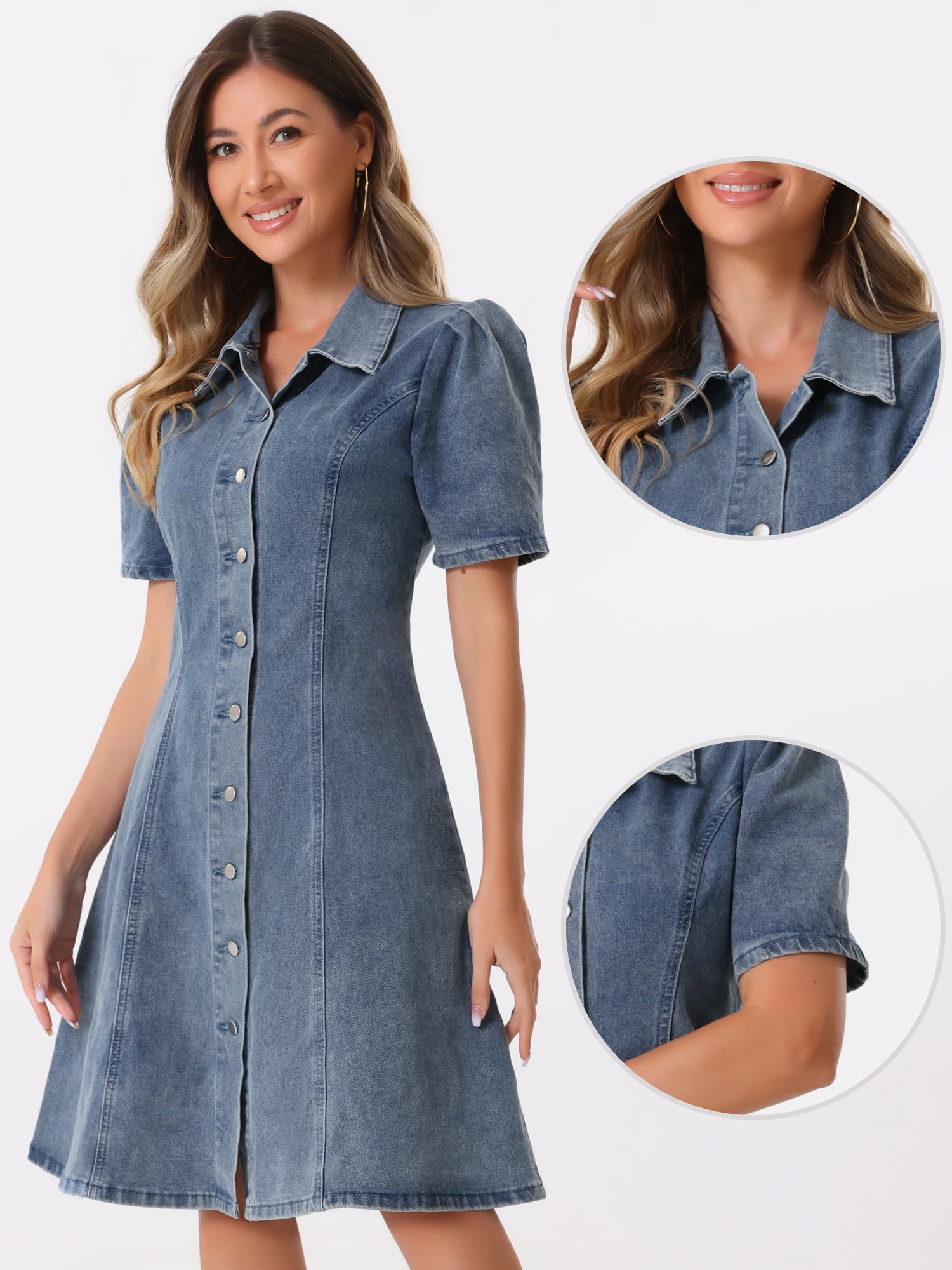 DARING DIVA Puff Sleeve Collared A-Line Dress S Grey Blue
