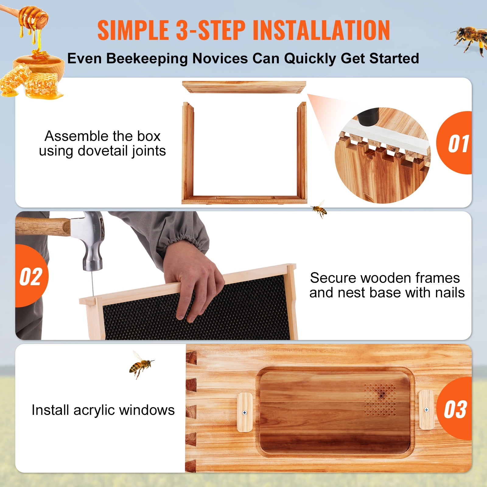 KFFKFF Natural Cedar Langstroth Bee Hive, 20 Deep Frames, 20