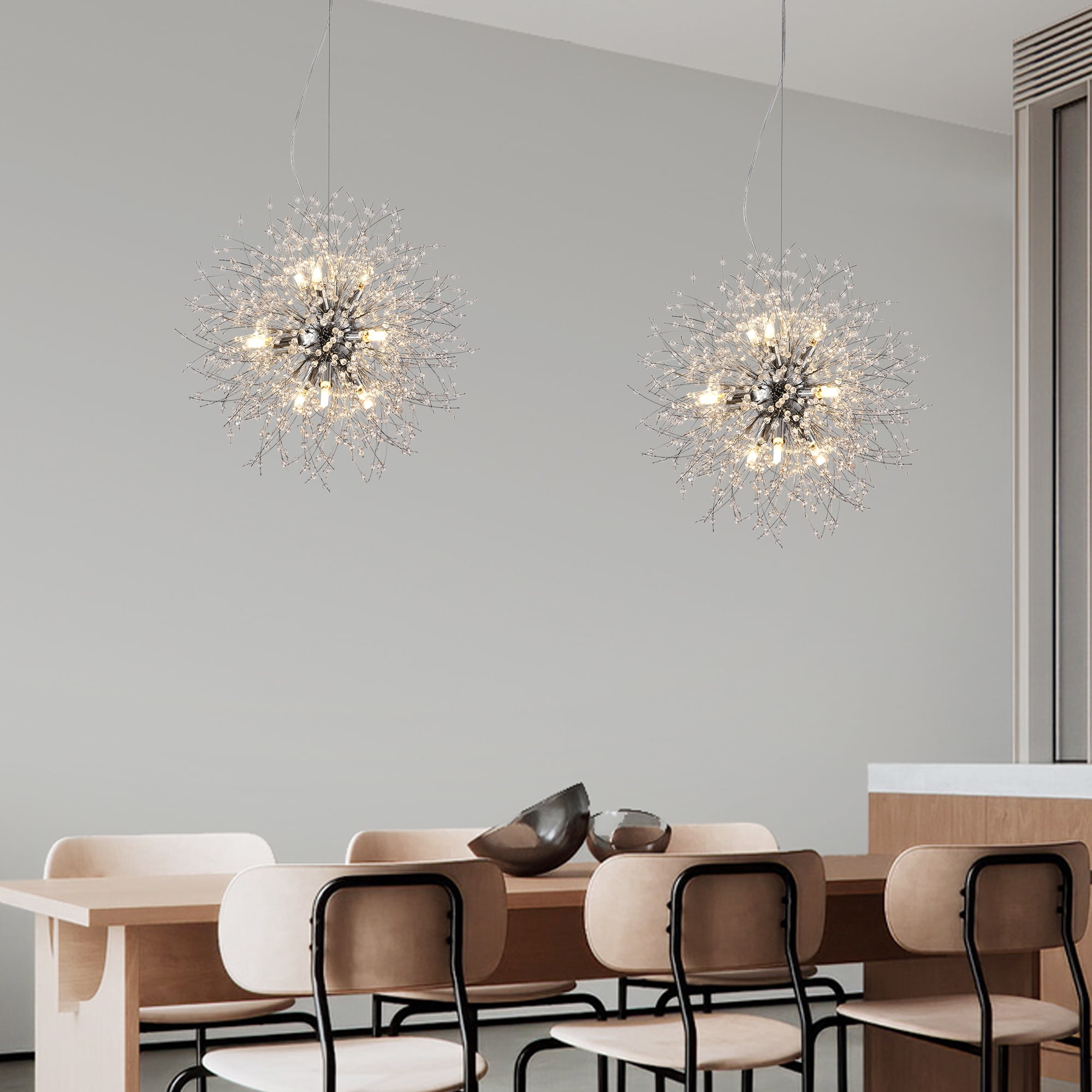 9-Lights Modern Farmhouse Chandelier Lighting, Sputnik Dandelion Ceiling Hanging Lamp, Round Crystal Beaded Pendant Lights for Kitchen Island Dining Room Bedroom Foyer
