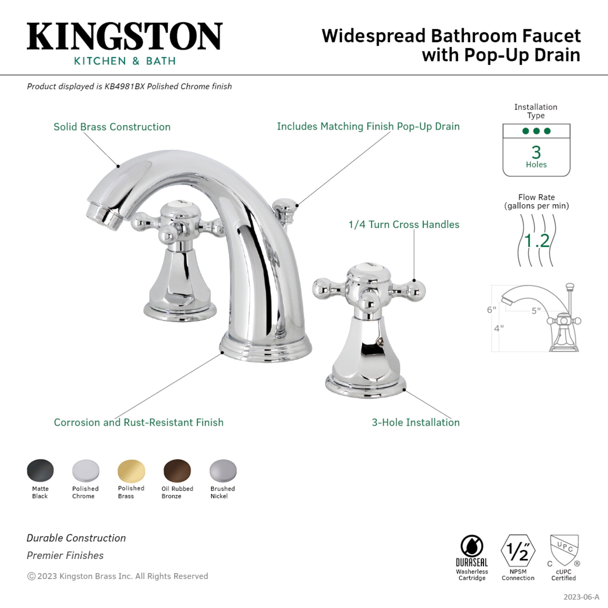 Kingston Brass KB4981BX Metropolitan Widespread Bathroom Faucet with Pop-Up Drain, Polished Chrome