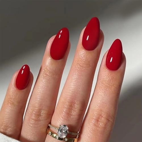 Red Press Nails Short Almond Nails Press ons False Nails Glue Nails Artificial Stick Nails for Women Christmas Halloween Valentines Nails Decorations 24 count